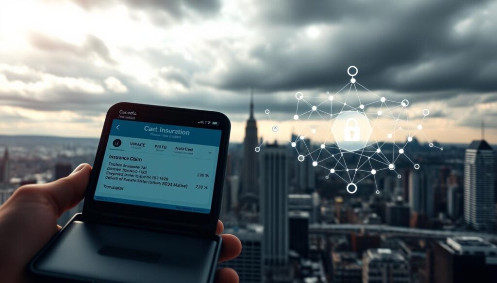 A secure and efficient blockchain-powered insurance claims processing system. In the foreground, a digital wallet interface displays an insurance claim with encrypted transaction details. In the middle ground, a blockchain network diagram illustrates the decentralized, tamper-resistant infrastructure that ensures data integrity. In the background, a cityscape with skyscrapers and a cloudy, moody sky symbolizes the robust security and reliability of the blockchain-based insurance solution. Dramatic cinematic lighting casts angular shadows, conveying the trustworthy and impenetrable nature of this blockchain-enabled insurance claims automation.