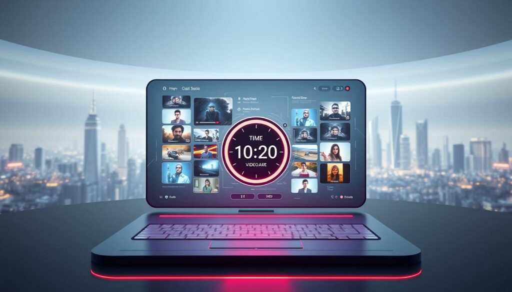 A secure and reliable platform for earning NFT rewards through engaging video content. A 3D rendering of a futuristic interface, with a sleek and minimal design. The foreground features a central panel displaying a watch-like timer, symbolizing the "watch to earn" concept. The middle ground showcases various video thumbnails and interactive elements, hinting at the platform's diverse content offerings. The background depicts a serene, holographic cityscape, projecting a sense of technological advancement and innovation. The lighting is soft and diffused, creating a sense of balance and professionalism. The overall mood is one of sophistication, security, and a seamless user experience.