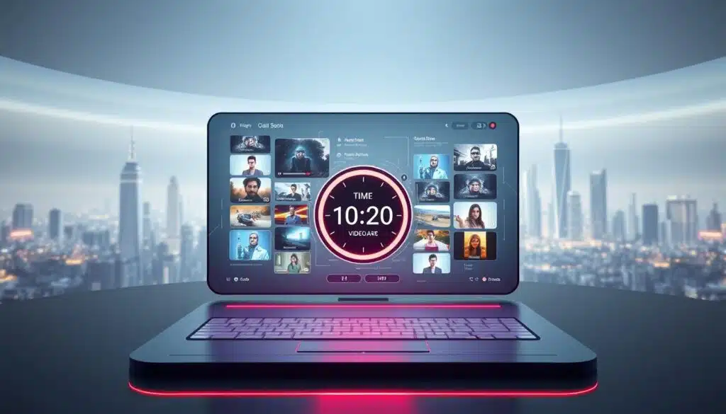 A secure and reliable platform for earning NFT rewards through engaging video content. A 3D rendering of a futuristic interface, with a sleek and minimal design. The foreground features a central panel displaying a watch-like timer, symbolizing the "watch to earn" concept. The middle ground showcases various video thumbnails and interactive elements, hinting at the platform's diverse content offerings. The background depicts a serene, holographic cityscape, projecting a sense of technological advancement and innovation. The lighting is soft and diffused, creating a sense of balance and professionalism. The overall mood is one of sophistication, security, and a seamless user experience.