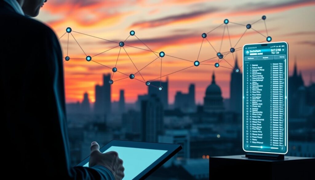 A secure and transparent blockchain-based voting process. In the foreground, a voter casting their ballot on a sleek, futuristic touchscreen interface, the screen displaying a list of candidates. Behind them, a series of interconnected blockchain nodes, their LED lights blinking in synchronization, representing the decentralized network verifying and recording each vote. In the background, a stylized cityscape, skyscrapers and domes silhouetted against a vibrant, sunset-hued sky, symbolizing the broader societal impact of this decentralized voting system. Soft, diffused lighting casts an air of trust and legitimacy over the scene, while the overall composition conveys the seamless integration of cutting-edge technology and democratic processes. A secure and transparent blockchain-based voting process. In the foreground, a voter casting their ballot on a sleek, futuristic touchscreen interface, the screen displaying a list of candidates. Behind them, a series of interconnected blockchain nodes, their LED lights blinking in synchronization, representing the decentralized network verifying and recording each vote. In the background, a stylized cityscape, skyscrapers and domes silhouetted against a vibrant, sunset-hued sky, symbolizing the broader societal impact of this decentralized voting system. Soft, diffused lighting casts an air of trust and legitimacy over the scene, while the overall composition conveys the seamless integration of cutting-edge technology and democratic processes.