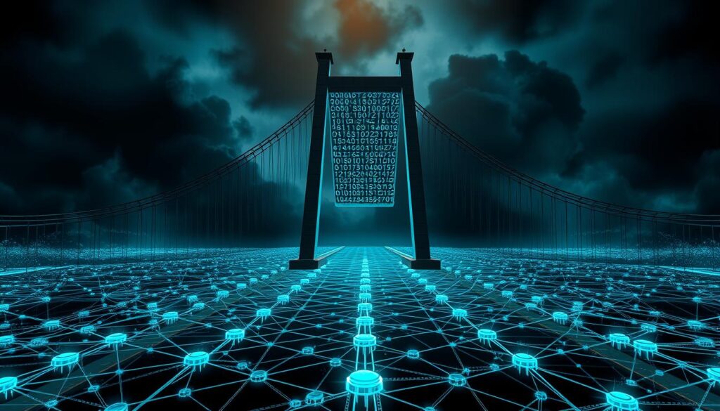 A secure blockchain bridge stands tall, its gateway guarded by a resolute firewall. In the foreground, digital sentinels monitor the flow of transactions, vigilant against any unauthorized intrusions. The middle ground depicts a complex web of interconnected blockchains, their protocols intricately woven together. In the background, ominous shadows loom, hinting at the ever-present threat of cyber attacks and exploits. The lighting is sharp, casting a sense of tension and urgency, as if the entire system is poised on the edge of a precipice. The camera angle is slightly elevated, conveying a sense of authority and oversight, while the lens captures the intricate details of the bridge's architecture and security measures. A secure blockchain bridge stands tall, its gateway guarded by a resolute firewall. In the foreground, digital sentinels monitor the flow of transactions, vigilant against any unauthorized intrusions. The middle ground depicts a complex web of interconnected blockchains, their protocols intricately woven together. In the background, ominous shadows loom, hinting at the ever-present threat of cyber attacks and exploits. The lighting is sharp, casting a sense of tension and urgency, as if the entire system is poised on the edge of a precipice. The camera angle is slightly elevated, conveying a sense of authority and oversight, while the lens captures the intricate details of the bridge's architecture and security measures.