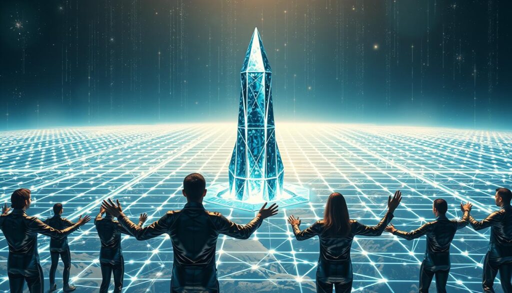 A secure blockchain network, depicted as a futuristic landscape. In the foreground, a group of validators in sleek, metallic attire, their hands outstretched, channeling the energy of the network. In the middle ground, a towering, crystalline structure representing the distributed ledger, its facets shimmering with cryptographic security. In the background, a vast, holographic grid stretching into the distance, symbolizing the interconnected nodes and consensus mechanisms that ensure the integrity of the system. Dramatic lighting casts dynamic shadows, conveying the gravity and importance of the validators' role in safeguarding the network. A secure blockchain network, depicted as a futuristic landscape. In the foreground, a group of validators in sleek, metallic attire, their hands outstretched, channeling the energy of the network. In the middle ground, a towering, crystalline structure representing the distributed ledger, its facets shimmering with cryptographic security. In the background, a vast, holographic grid stretching into the distance, symbolizing the interconnected nodes and consensus mechanisms that ensure the integrity of the system. Dramatic lighting casts dynamic shadows, conveying the gravity and importance of the validators' role in safeguarding the network.