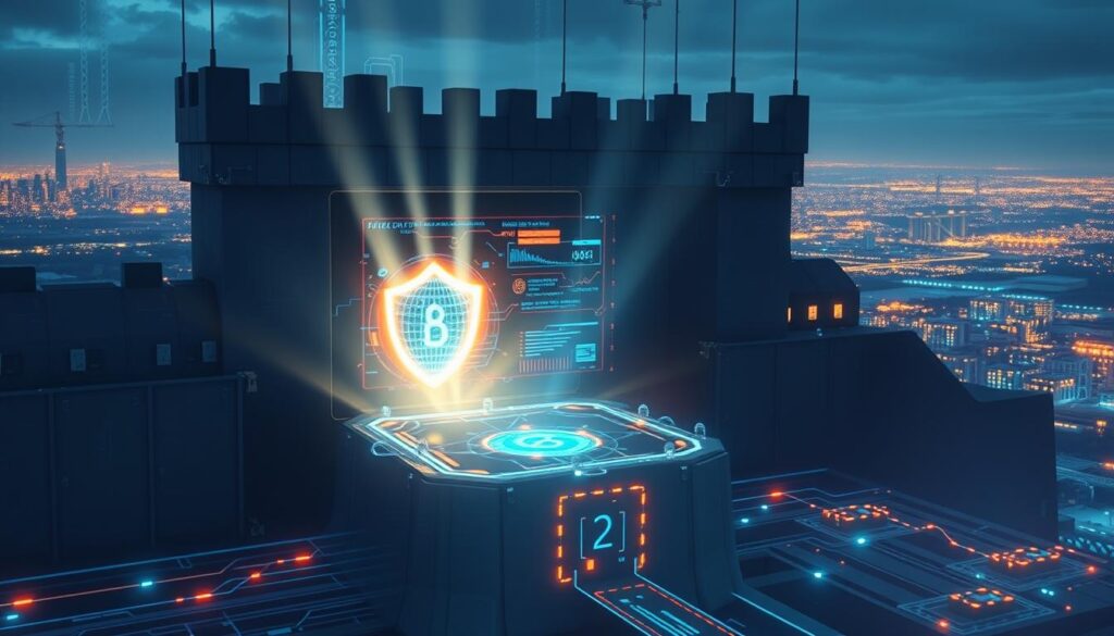A secure blockchain network surrounded by a secure data fortress, with an array of digital security protocols and encryptions safeguarding the integrity of the supply chain data. Shafts of light pierce through the fortress walls, illuminating a gleaming, futuristic interface displaying real-time shipping metrics and logistics tracking. In the foreground, a central data hub pulses with encrypted information flows, while in the background, a digital landscape of connected nodes and distributed ledgers stretches into the horizon, symbolizing the decentralized nature of the blockchain-powered system.