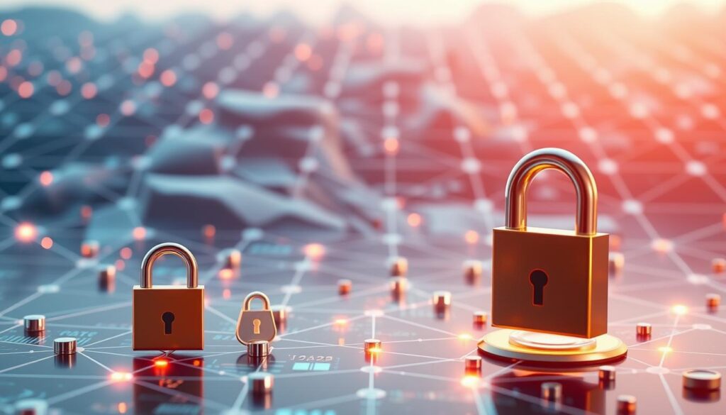 A secure blockchain network with advanced security features, including a robust cryptographic protocol, tamper-evident data records, and a decentralized consensus mechanism. The foreground depicts various security symbols, such as locked padlocks, security shields, and encryption keys, against a backdrop of a futuristic blockchain landscape. The middle ground showcases a smart contract interface with complex code and data visualizations, while the background features a grid of interconnected nodes and a network of distributed ledgers. The scene is illuminated by a soft, ethereal glow, creating a sense of technological elegance and the importance of blockchain security in the digital age. A secure blockchain network with advanced security features, including a robust cryptographic protocol, tamper-evident data records, and a decentralized consensus mechanism. The foreground depicts various security symbols, such as locked padlocks, security shields, and encryption keys, against a backdrop of a futuristic blockchain landscape. The middle ground showcases a smart contract interface with complex code and data visualizations, while the background features a grid of interconnected nodes and a network of distributed ledgers. The scene is illuminated by a soft, ethereal glow, creating a sense of technological elegance and the importance of blockchain security in the digital age.