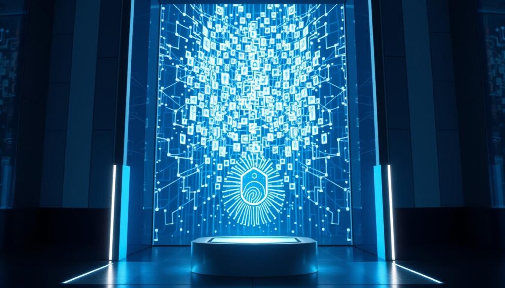 A secure blockchain portal with a glowing digital interface, illuminated by soft, diffused lighting. In the foreground, a fingerprint scanner and authentication panel hover above a sleek, futuristic podium. The middle ground features a holographic display projecting dynamic data visualizations, symbolizing the secure flow of information. In the background, a towering blockchain matrix comprised of interconnected cubes and lines, casting a mesmerizing glow across the scene. The overall atmosphere conveys a sense of advanced, trustworthy technology facilitating seamless access and control.