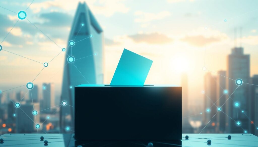 A secure blockchain voting system, showcasing a digital ballot box at the forefront, surrounded by a network of interconnected nodes and cryptographic protocols. The background features a futuristic cityscape, with sleek skyscrapers and a vibrant skyline, conveying a sense of advanced technological infrastructure. Soft blue and green tones create a calming, trustworthy atmosphere, while subtle lens flares and depth of field add a touch of realism. The overall composition emphasizes the integration of blockchain technology and secure voting processes, designed to inspire confidence in the electoral process.