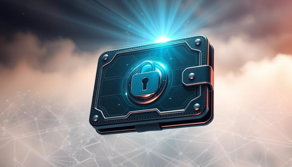 A secure digital wallet with a holographic lock, floating above a futuristic blockchain landscape. The wallet is meticulously detailed, with gleaming metal accents and a biometric scanning interface. In the background, a complex network of interconnected nodes and cryptographic algorithms represents the robust security architecture protecting the user's valuable NFT assets. Rays of light pierce through a hazy atmosphere, creating a sense of depth and technological grandeur. The overall mood is one of confidence and reassurance in the security of the user's digital holdings.