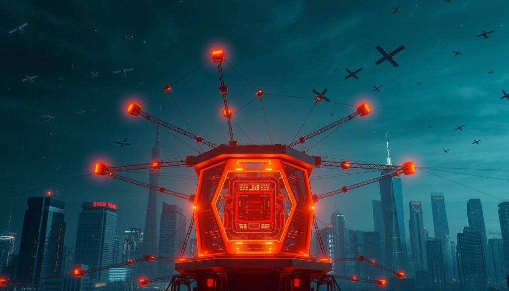A secure oracle network, standing tall against the backdrop of a futuristic cityscape. In the foreground, a sleek, hexagonal structure houses the oracle's core processing systems, bathed in a warm, amber glow from strategically placed lighting. Surrounding it, a complex web of interconnected nodes, each a guardian of the network's integrity, their LED indicators pulsing with data. In the middle ground, towering skyscrapers, their glass facades reflecting the network's digital heartbeat. The sky, a deep, midnight blue, is dotted with satellites and communication satellites, symbolizing the global reach and resilience of the oracle's architecture. The overall atmosphere conveys a sense of strength, security, and unwavering reliability, crucial for the effective integration of real-world data into blockchain-based systems. A secure oracle network, standing tall against the backdrop of a futuristic cityscape. In the foreground, a sleek, hexagonal structure houses the oracle's core processing systems, bathed in a warm, amber glow from strategically placed lighting. Surrounding it, a complex web of interconnected nodes, each a guardian of the network's integrity, their LED indicators pulsing with data. In the middle ground, towering skyscrapers, their glass facades reflecting the network's digital heartbeat. The sky, a deep, midnight blue, is dotted with satellites and communication satellites, symbolizing the global reach and resilience of the oracle's architecture. The overall atmosphere conveys a sense of strength, security, and unwavering reliability, crucial for the effective integration of real-world data into blockchain-based systems.