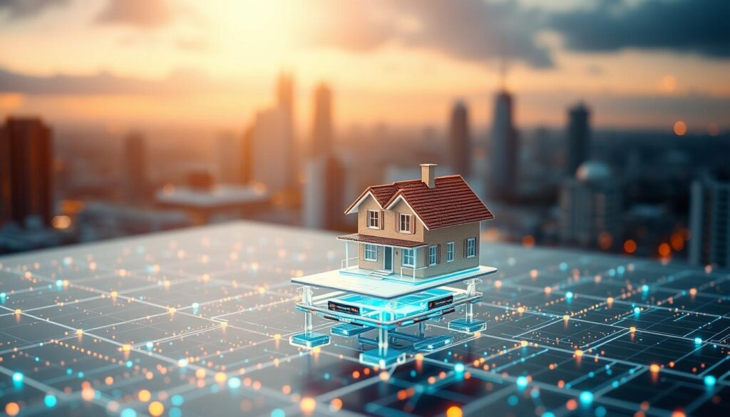 A secure, transparent blockchain network overlays a property title verification process. The foreground features a shimmering, multicolored digital ledger, its blocks interlocked to symbolize the tamper-proof nature of blockchain data. In the middle ground, a 3D holographic model of a residential home rotates, its details captured and verified on the blockchain. The background depicts an urban skyline, hinting at the widespread real estate applications of this technology. Warm, diffused lighting casts a futuristic glow, while a shallow depth of field keeps the focus on the core blockchain and property elements. An overall sense of trust, innovation, and technological progress pervades the scene.