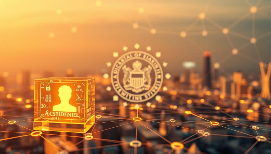 A secure, trustworthy blockchain network underpins a digital education verification system. In the foreground, a student's credential is represented by a transparent, glowing blockchain block. Surrounding it, intricate cryptographic patterns and symbols convey the robust security measures in place. The middle ground depicts an academic institution's seal, subtly embedded within a web of interconnected blockchain nodes. The background features a softly lit, futuristic cityscape, symbolizing the broad, decentralized infrastructure that supports seamless, tamper-evident credential verification. Warm lighting and a serene, authoritative tone create an atmosphere of confidence and reliability, reflecting the enhanced security and trust inherent in this blockchain-powered educational credential system.