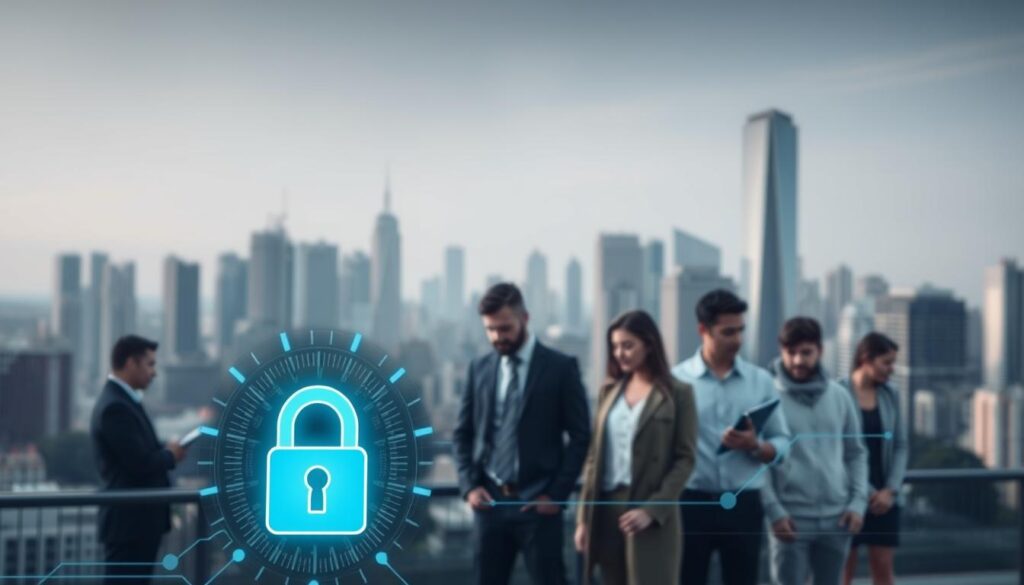 A security-focused crypto exchange with a sleek, modern interface. The foreground features a digital lock icon, symbolizing robust data encryption and user authentication. The middle ground showcases a group of diverse individuals, representing the exchange's user base, engaged in secure trading activities. The background depicts a cityscape with towering skyscrapers, conveying a sense of trust, stability, and regulatory compliance. Soft, cool-toned lighting and a muted color palette create an atmosphere of professionalism and reliability. The overall composition emphasizes the exchange's commitment to customer safety, support, and regulatory adherence.