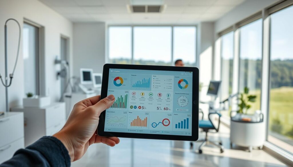 A serene and modern medical office, filled with natural light and clean, minimalist design. In the foreground, a patient's hand holds a tablet displaying a visually engaging personal health data dashboard, showcasing various metrics and trends in a clear, intuitive interface. The middle ground features a healthcare professional reviewing the patient's records on a sleek, high-resolution display, surrounded by medical equipment and state-of-the-art technology. In the background, a large window overlooks a calm, verdant landscape, conveying a sense of tranquility and well-being. The overall atmosphere is one of trust, security, and the seamless integration of advanced technology into personalized healthcare.