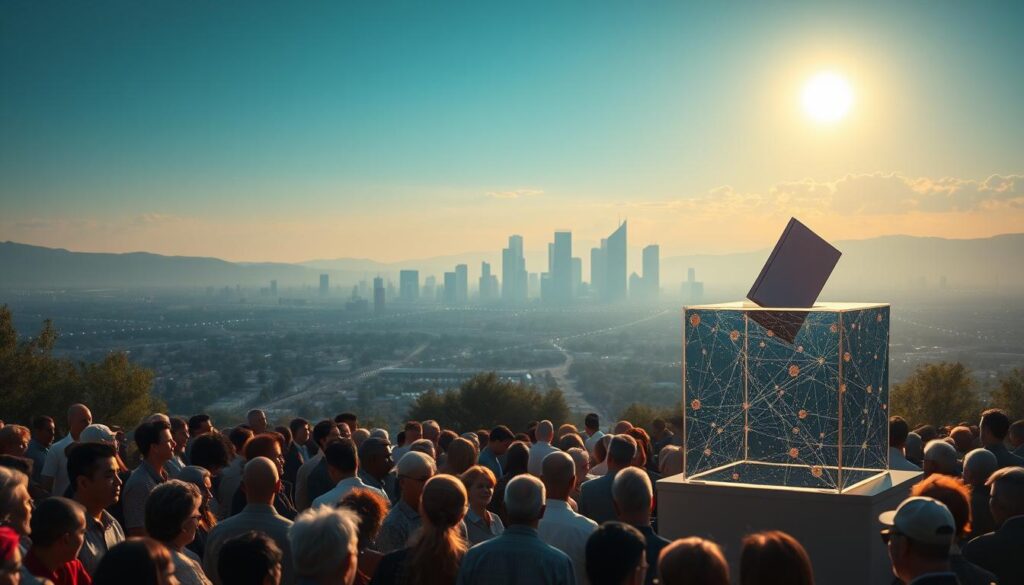 A serene and optimistic landscape showcasing the advantages of decentralized voting. In the foreground, a crowd of diverse individuals casting their votes into a transparent, tamper-resistant ballot box. In the middle ground, a network of interconnected nodes processing the votes securely and transparently. In the background, a vibrant skyline with a gleaming sun, symbolizing the transparency and openness of the decentralized system. The scene is illuminated by soft, warm lighting, conveying a sense of trust and civic engagement. The overall mood is one of empowerment, where every citizen's voice is heard and counted, free from centralized control or manipulation. A serene and optimistic landscape showcasing the advantages of decentralized voting. In the foreground, a crowd of diverse individuals casting their votes into a transparent, tamper-resistant ballot box. In the middle ground, a network of interconnected nodes processing the votes securely and transparently. In the background, a vibrant skyline with a gleaming sun, symbolizing the transparency and openness of the decentralized system. The scene is illuminated by soft, warm lighting, conveying a sense of trust and civic engagement. The overall mood is one of empowerment, where every citizen's voice is heard and counted, free from centralized control or manipulation.