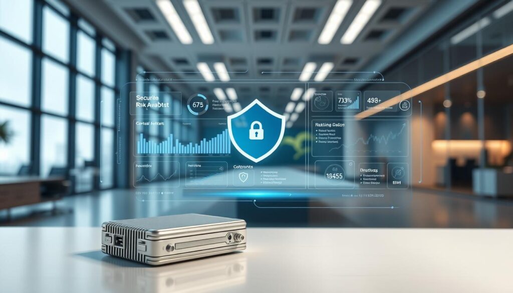 A serene and secure crypto custody environment. In the foreground, a physical hardware wallet rests on a minimalist desk, its metallic surface gleaming under soft, diffused lighting. In the middle ground, a holographic display showcases real-time risk analytics, charts, and notifications, highlighting the intricate processes of safeguarding digital assets. The background features a sleek, modern office interior with floor-to-ceiling windows, reflecting the importance of transparency and control in effective cryptocurrency risk management. A serene and secure crypto custody environment. In the foreground, a physical hardware wallet rests on a minimalist desk, its metallic surface gleaming under soft, diffused lighting. In the middle ground, a holographic display showcases real-time risk analytics, charts, and notifications, highlighting the intricate processes of safeguarding digital assets. The background features a sleek, modern office interior with floor-to-ceiling windows, reflecting the importance of transparency and control in effective cryptocurrency risk management.