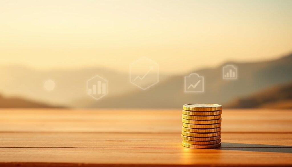 A serene and tranquil scene of passive income fundamentals. In the foreground, a stack of golden coins resting on a smooth, wooden surface, bathed in warm, ambient lighting. In the middle ground, abstract shapes and geometric patterns representing the various streams of passive income, such as dividends, rental income, and royalties, all flowing seamlessly together. The background depicts a calming, minimalist landscape with a gentle gradient, creating a sense of depth and balance. The overall atmosphere is one of financial stability, growth, and the effortless accumulation of wealth.