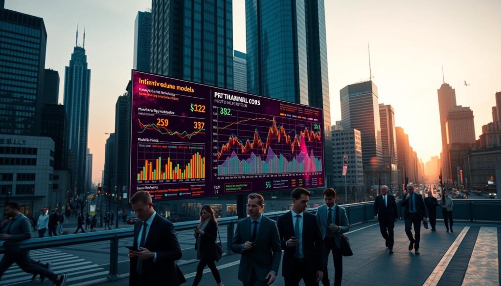 A serene cityscape at dusk, where towering skyscrapers cast long shadows across a bustling financial district. In the foreground, a vibrant digital display showcases a dynamic visualization of incentives and revenue models, with colorful graphs and charts pulsing with real-time data. In the middle ground, well-dressed professionals navigate the streets, their attention divided between mobile devices and the captivating visuals. The background is illuminated by a warm, golden glow, creating a sense of prosperity and innovation. The scene conveys the intricate interplay between technology, finance, and the underlying mechanisms that drive the crypto market ecosystem.