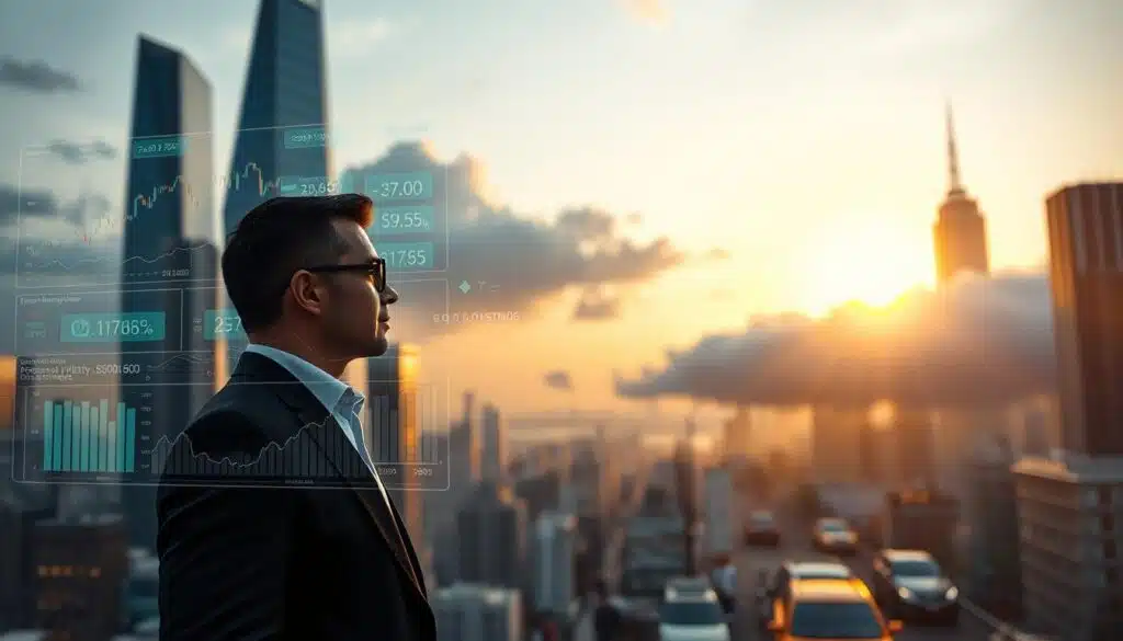 A serene cityscape at dusk, with towering skyscrapers reflecting the golden glow of the setting sun. In the foreground, a businessman stands contemplatively, surrounded by a holographic display of fluctuating cryptocurrency charts, graphs, and risk metrics. The middle ground features a bustling financial district, with traders and investors hurrying about. In the background, a looming dark cloud of uncertainty hovers, casting an ominous shadow over the scene. Soft lighting and a cinematic depth of field create a palpable sense of tension and cautious optimism. The overall mood is one of thoughtful deliberation, as the subject navigates the complex landscape of cryptocurrency investment risk management.