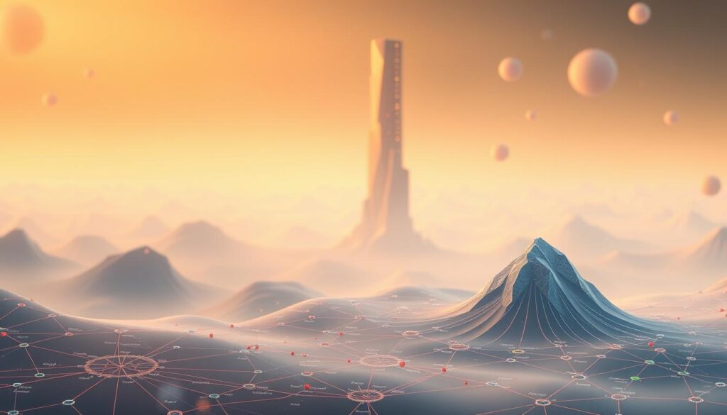 A serene digital landscape, bathed in warm, diffused lighting. In the foreground, a sprawling process diagram depicting the optimistic rollups validation flow - colorful nodes and interconnected lines conveying the complex yet elegant choreography of transactions, attestations, and verification. In the middle ground, a towering blockchain-inspired pillar, its faceted surface shimmering with hints of cryptographic hashes. The background is a softly blurred expanse, evoking a sense of technological transcendence, with ethereal shapes and glowing orbs suggesting the underlying computational elegance of the optimistic rollups paradigm. The overall scene exudes a sense of confidence, clarity, and the promise of a scalable, secure, and decentralized future.