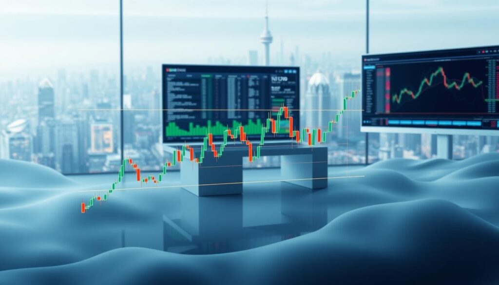 A serene digital landscape where Fibonacci retracement levels guide trading decisions. In the foreground, a chart displaying the iconic Fibonacci arcs overlaid on a cryptocurrency price chart, illuminating key support and resistance levels. The middle ground features a sleek, futuristic trading terminal, its screens alive with real-time market data and analytical tools. The background showcases a vibrant, abstract cityscape, hinting at the global, interconnected nature of the crypto markets. Soft, diffused lighting creates a sense of depth and atmosphere, while the overall composition conveys a balanced, harmonious blend of technical analysis and the dynamism of the digital economy.