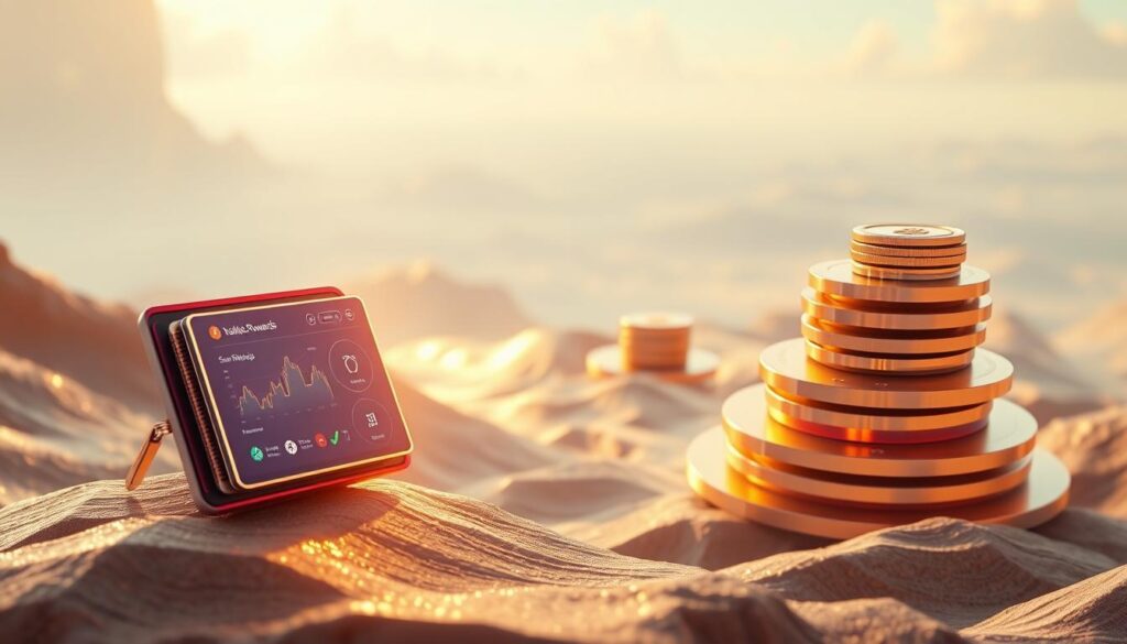 A serene digital landscape where stacked NFTs gently rise and fall, their iridescent surfaces shimmering in the warm, diffused light. In the foreground, a digital wallet opens, its holographic interface displaying a dashboard of staking rewards. The middle ground features a series of interconnected platforms, each hosting various NFT projects, their logos and symbols subtly integrated into the scene. The background depicts a vast, ethereal expanse, hinting at the boundless potential of the NFT staking ecosystem. The overall mood is one of tranquility, innovation, and the promise of passive income.