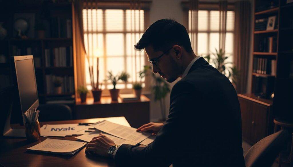 A serene, dimly-lit office setting with a desk, computer, and various financial documents. In the foreground, a person in a suit contemplates tax forms and calculations, their expression pensive. The background features bookshelves, potted plants, and warm, muted lighting, creating a contemplative atmosphere. Subtle shadows and highlights accentuate the scene's depth and focus the viewer's attention on the central figure's task of understanding the tax implications for NFT creators. A serene, dimly-lit office setting with a desk, computer, and various financial documents. In the foreground, a person in a suit contemplates tax forms and calculations, their expression pensive. The background features bookshelves, potted plants, and warm, muted lighting, creating a contemplative atmosphere. Subtle shadows and highlights accentuate the scene's depth and focus the viewer's attention on the central figure's task of understanding the tax implications for NFT creators.
