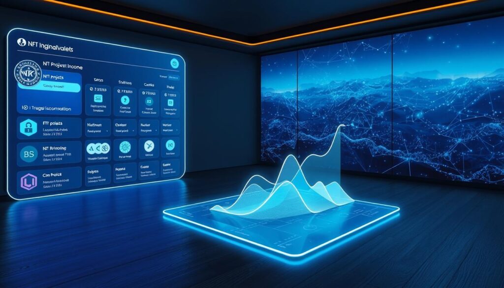 A serene, dimly lit room illuminated by the soft glow of a holographic display. In the foreground, a digital wallet interface showcases various NFT projects, each with a distinct staking option. The middle ground features a three-dimensional graph visualizing the passive income earned over time, the lines and curves elegantly flowing. In the background, a vast expanse of blockchain-inspired geometric patterns and digital landscapes, hinting at the vast potential of decentralized finance. The overall atmosphere is one of contemplation and financial opportunity, inviting the viewer to explore the possibilities of maximizing passive income through NFT staking.