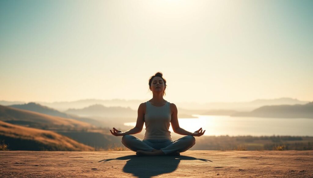 A serene, introspective scene depicting the power of a resilient mindset. In the foreground, a person sits in a meditative pose, eyes closed, exuding a sense of calm and focus. The middle ground features a tranquil, minimalist landscape - rolling hills, a clear sky, and a soothing body of water. Soft, warm lighting filters through, creating a sense of peace and clarity. In the background, subtle, abstract representations of emotions - swirling shapes and colors - symbolize the challenges of managing feelings, yet the central figure remains grounded and resilient. The overall mood is one of introspection, balance, and the strength to navigate life's ups and downs.
