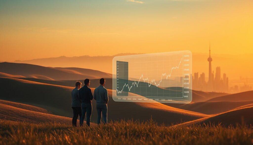 A serene landscape of rolling hills, bathed in the warm glow of a golden sunset. In the foreground, a group of investors huddle around a holographic display, carefully analyzing a dynamic graph of cryptocurrency market trends. The middle ground features a towering data center, its servers humming with the calculations powering the digital assets. In the background, a futuristic city skyline rises, its sleek, modern architecture reflecting the technological advancements shaping the crypto investment landscape. Diffused lighting casts a contemplative mood, as the investors navigate the intricacies of this dynamic financial environment.
