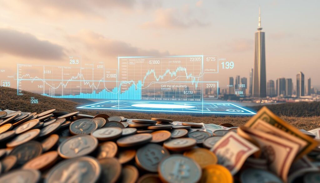 A serene landscape unfolds, showcasing the evolution of currency as a store of value. In the foreground, a collection of ancient coins and paper bills in varying denominations and designs, representing the historical progression of monetary systems. The middle ground features a sleek, modern digital display, projecting the real-time fluctuations of cryptocurrency values against a backdrop of holographic charts and graphs. In the distance, a gleaming skyscraper symbolizes the integration of traditional and digital financial landscapes. The scene is bathed in a warm, diffused lighting, creating an atmosphere of contemplation and the exploration of the changing nature of wealth preservation in a dynamic economy. A serene landscape unfolds, showcasing the evolution of currency as a store of value. In the foreground, a collection of ancient coins and paper bills in varying denominations and designs, representing the historical progression of monetary systems. The middle ground features a sleek, modern digital display, projecting the real-time fluctuations of cryptocurrency values against a backdrop of holographic charts and graphs. In the distance, a gleaming skyscraper symbolizes the integration of traditional and digital financial landscapes. The scene is bathed in a warm, diffused lighting, creating an atmosphere of contemplation and the exploration of the changing nature of wealth preservation in a dynamic economy.