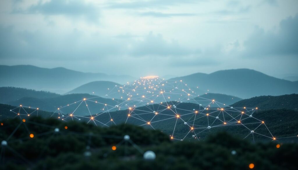 A serene landscape with a fluid collaboration of interconnected blockchain nodes, seamlessly bridging public and private networks. The foreground showcases a consortium of blockchain icons, their edges blending harmoniously. In the middle ground, a network of glowing nodes forms intricate pathways, symbolizing the fluid exchange of data and transactions. The background depicts a tranquil, ethereal atmosphere, with a subtle gradient of blues and grays, suggesting the seamless integration of these hybrid solutions. Soft lighting casts a warm, inviting glow, highlighting the cohesive nature of this collaborative blockchain ecosystem.
