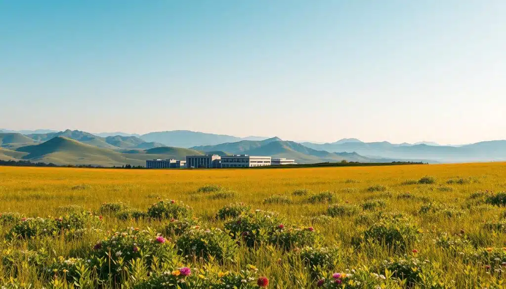 A serene landscape with a sprawling meadow in the foreground, dotted with lush green foliage and vibrant wildflowers. In the middle ground, a cluster of low-rise buildings in a modern, minimalist architectural style, representing the unassuming headquarters of innovative crypto projects. The background features rolling hills and a clear, azure sky, infusing the scene with a sense of tranquility and untapped potential. The lighting is warm and diffused, creating a soft, inviting atmosphere that encourages exploration and discovery. The overall composition conveys the idea of undervalued, yet promising crypto projects waiting to be unearthed, much like hidden gems in a serene, pastoral setting.