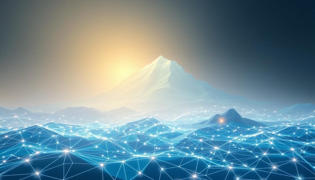 A serene, minimalist landscape depicting strategies to minimize blockchain gas fees. In the foreground, a low-poly representation of Ethereum's blockchain network, its intricate connections and transactions visualized as flowing lines of light. Towering behind it, a mountain range of optimized smart contract deployments, their peaks capped with energy-efficient consensus mechanisms. The midground features a cluster of blockchain wallets, their interfaces streamlined to reduce gas-guzzling interactions. Illuminating the scene, an ethereal glow emanates from the blockchain network, casting a warm, calming light across the entire composition. The overall mood is one of technological elegance and efficiency, hinting at the sophisticated techniques available to manage blockchain gas fees.