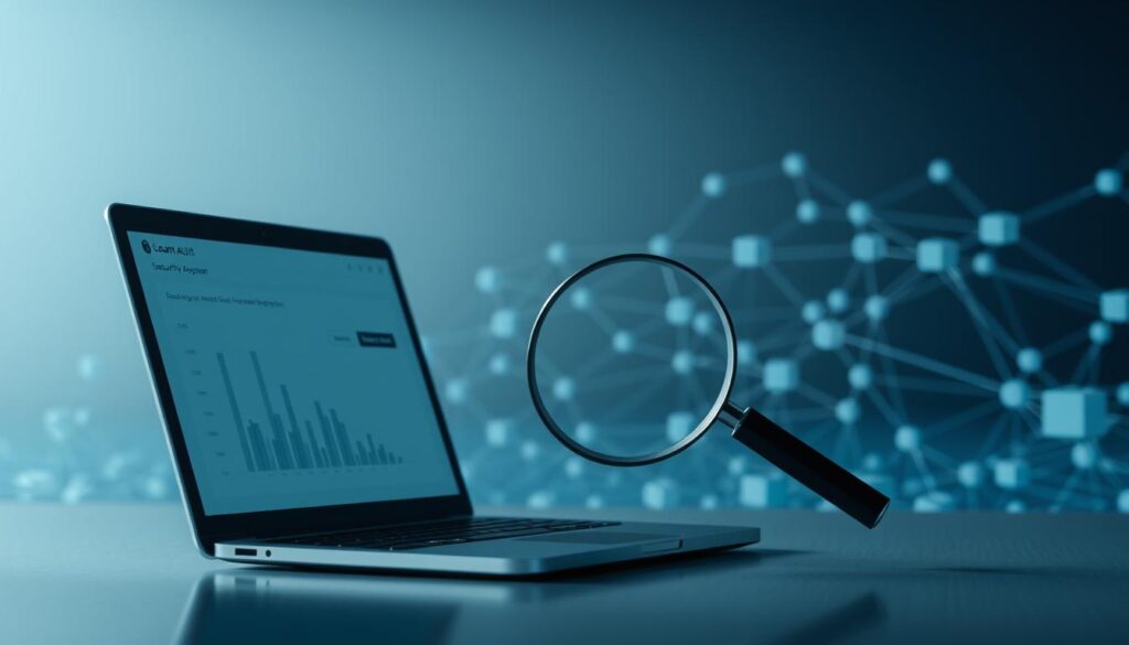 A serene, minimalist rendering of the blockchain audit process. In the foreground, a laptop displaying a security audit dashboard, its screen casting a soft glow. The middle ground features a magnifying glass hovering over a distributed ledger, symbolizing the meticulous examination of transaction records. In the background, a network of interconnected nodes and blocks, rendered in shades of blue and gray, conveying the complex, decentralized nature of blockchain technology. The lighting is diffused, creating a sense of focus and concentration. The overall atmosphere is one of diligence, precision, and the pursuit of transparency.