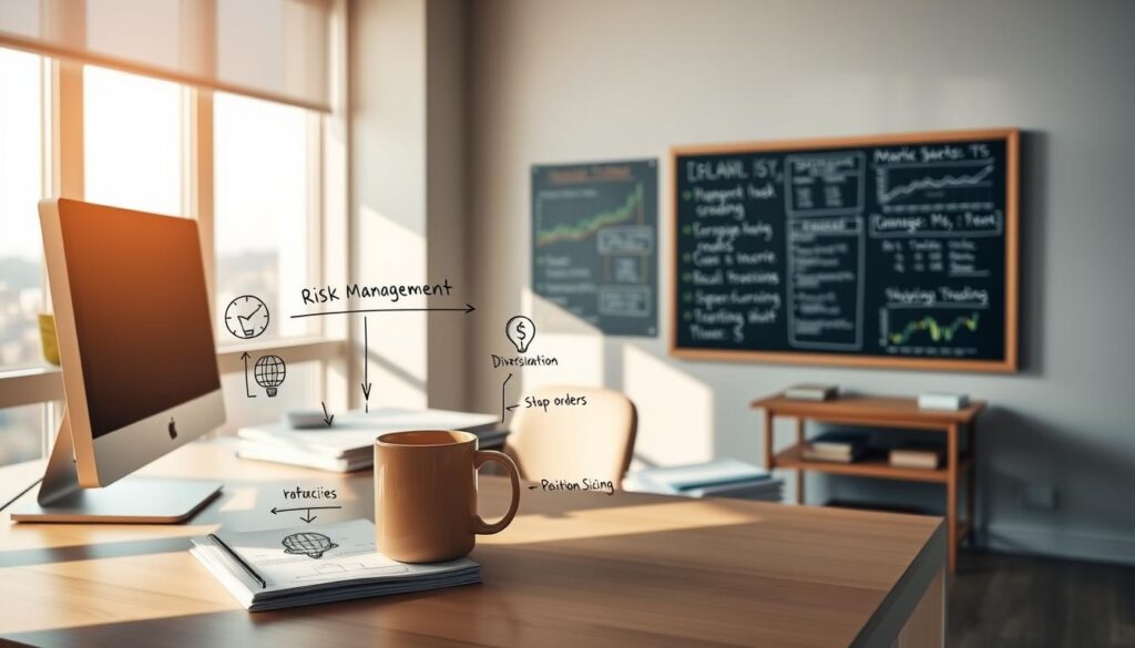 A serene, minimalist workspace with a desktop computer, a stack of financial reports, and a mug of coffee. The lighting is warm and natural, casting soft shadows across the desk. In the foreground, a hand-drawn diagram illustrates risk management strategies, with arrows and icons representing diversification, stop-loss orders, and position sizing. The middle ground features a wall-mounted chalkboard displaying key cryptocurrency trading metrics and risk management principles. In the background, a large window overlooking a cityscape, symbolizing the broader financial landscape. The overall atmosphere conveys a sense of focus, control, and thoughtful decision-making. A serene, minimalist workspace with a desktop computer, a stack of financial reports, and a mug of coffee. The lighting is warm and natural, casting soft shadows across the desk. In the foreground, a hand-drawn diagram illustrates risk management strategies, with arrows and icons representing diversification, stop-loss orders, and position sizing. The middle ground features a wall-mounted chalkboard displaying key cryptocurrency trading metrics and risk management principles. In the background, a large window overlooking a cityscape, symbolizing the broader financial landscape. The overall atmosphere conveys a sense of focus, control, and thoughtful decision-making.