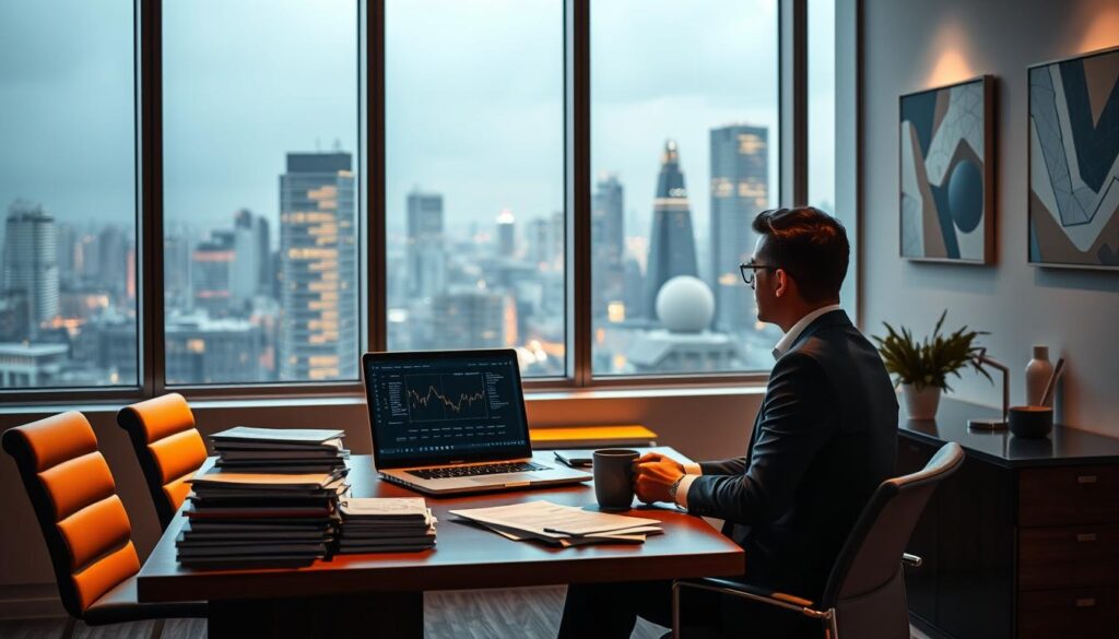 A serene office interior with a large window overlooking a bustling cityscape. The room is illuminated by soft, directional lighting, casting warm, subtle shadows. On the desk, a laptop displays a blockchain transaction diagram, surrounded by stacks of documents and a coffee mug. The walls are adorned with abstract art pieces that evoke a sense of innovation and technological progress. In the foreground, a businessperson sits contemplatively, considering the implications of blockchain technology for their company's digital transformation. The atmosphere conveys a balanced blend of professionalism, transparency, and forward-thinking optimism. A serene office interior with a large window overlooking a bustling cityscape. The room is illuminated by soft, directional lighting, casting warm, subtle shadows. On the desk, a laptop displays a blockchain transaction diagram, surrounded by stacks of documents and a coffee mug. The walls are adorned with abstract art pieces that evoke a sense of innovation and technological progress. In the foreground, a businessperson sits contemplatively, considering the implications of blockchain technology for their company's digital transformation. The atmosphere conveys a balanced blend of professionalism, transparency, and forward-thinking optimism.