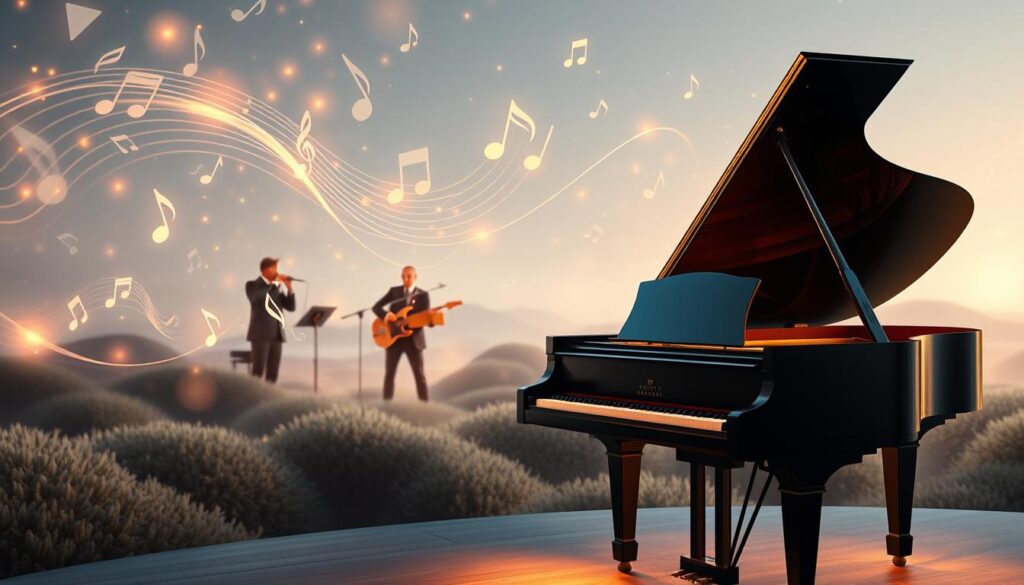 A serene scene of blockchain nodes and data structures, floating amidst a tranquil musical landscape. In the foreground, a grand piano stands, its keys illuminated by a warm, golden light. Gently swirling musical notes dance around the piano, intertwining with translucent blockchain symbols. In the middle ground, a trio of musicians perform, their instruments emitting vibrant, colorful auras that harmonize with the blockchain elements. The background is a soft, ethereal space, where the blockchain infrastructure blends seamlessly with the fluid, melodic atmosphere, hinting at the potential for blockchain to revolutionize the music industry's royalty distribution. The overall mood is one of balance, innovation, and the harmonious integration of technology and art.