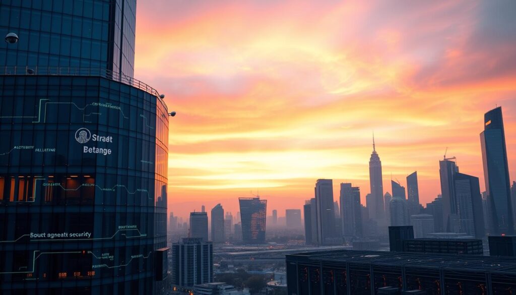 A serene, technologically-advanced cityscape at dusk, with towering skyscrapers and a futuristic skyline. In the foreground, a sleek, glass-encased building housing a state-of-the-art crypto exchange platform, its facade adorned with holographic security protocols and biometric scanners. Ambient lighting casts a warm, authoritative glow, while discreet surveillance cameras monitor the perimeter. In the middle ground, a network of interconnected servers and data centers, their blinking lights and cooling fans reflecting the meticulous attention to security and risk management. The background is a vivid, gradient-filled sky, evoking a sense of technological sophistication and innovation.