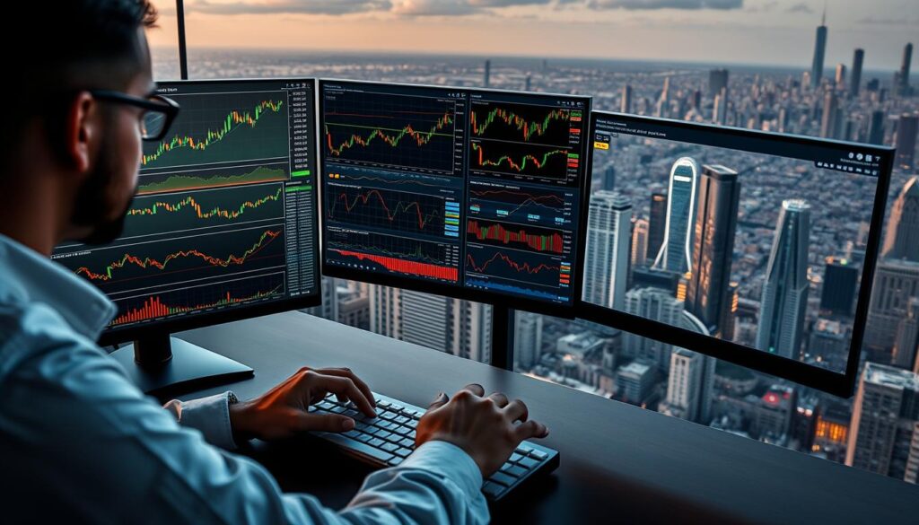 A serene trading desk overlooking a bustling cityscape, with various crypto assets and timeframe charts displayed across multiple high-resolution monitors. The scene is bathed in warm, soft lighting, creating a contemplative atmosphere. In the foreground, a professional trader meticulously examines the data, hands poised over a sleek, minimalist keyboard. The middle ground features an array of diverse financial instruments, including cryptocurrencies, stocks, and commodities, each with their own unique timeframes and technical indicators. The background showcases a sprawling metropolis, hinting at the global scope of the trading strategy. The overall composition conveys the complexity and interconnectedness of modern financial markets, ready to be explored through comprehensive backtesting.