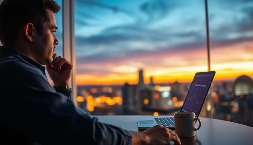 A serene trading desk overlooking a cityscape at dusk, with a laptop displaying a stock market chart and a cup of coffee nearby. Soft, warm lighting casts a contemplative mood, as a trader sits deep in thought, their face reflecting the emotions of the market. The background is slightly blurred, focusing attention on the trader's expression and the screen, symbolizing the focus and concentration required to navigate the complexities of financial markets.