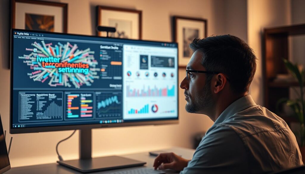 A serene, well-lit office environment with a large, sleek computer monitor displaying a visual representation of natural language processing (NLP) sentiment analysis on social media data. The screen shows a dynamic word cloud, color-coded sentiment scores, and various data visualization charts. In the foreground, an experienced data scientist intently examines the insights on the screen, their face illuminated by the soft, diffused lighting. The background features tasteful decor, including framed artwork and indoor plants, creating a sense of professionalism and contemplation. The overall atmosphere conveys the power of machine learning and NLP in uncovering meaningful insights from unstructured social media text.