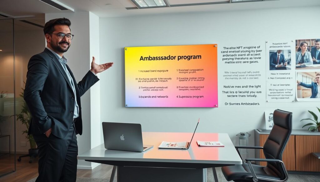 A serene, well-lit office setting with a professional, aspirational atmosphere. In the foreground, a person in business attire stands proudly, gesturing towards a vibrant, colorful display showcasing the benefits of an ambassador program - increased brand exposure, exclusive rewards, and expanded professional network. The middle ground features a sleek, modern desk with a laptop, paperwork, and a stylized ambassador logo. The background depicts a wall of inspirational imagery, motivational quotes, and successful ambassador testimonials. The overall composition conveys the empowering and rewarding experience of joining an elite NFT ambassador program.