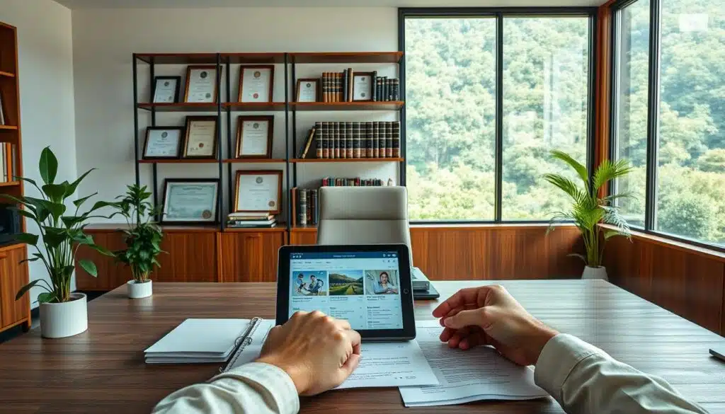 A serene, well-lit office setting with a wooden desk, a laptop, and a potted plant. In the foreground, a pair of hands carefully reviewing legal documents and a tablet displaying an NFT marketplace. In the middle ground, shelves filled with law books and framed certificates symbolize the legal expertise required for NFT ownership. The background features a large window overlooking a lush, eco-friendly landscape, hinting at the environmental considerations for this emerging digital asset class. The overall mood is one of thoughtful deliberation and responsible decision-making.