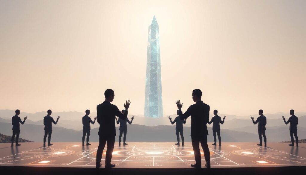 A serene, well-lit scene depicting the Proof of Stake validation process. In the foreground, multiple validators, represented by sleek, faceless figures, stand before a glowing, holographic interface, each validating transactions through intricate hand gestures. In the middle ground, a towering, crystalline blockchain structure stretches upwards, its facets refracting a soft, ambient light. In the background, a tranquil, minimalist landscape with gentle hills and a diffuse, ethereal sky creates a sense of balance and energy efficiency. The overall atmosphere conveys the elegance and sophistication of the Proof of Stake consensus mechanism. A serene, well-lit scene depicting the Proof of Stake validation process. In the foreground, multiple validators, represented by sleek, faceless figures, stand before a glowing, holographic interface, each validating transactions through intricate hand gestures. In the middle ground, a towering, crystalline blockchain structure stretches upwards, its facets refracting a soft, ambient light. In the background, a tranquil, minimalist landscape with gentle hills and a diffuse, ethereal sky creates a sense of balance and energy efficiency. The overall atmosphere conveys the elegance and sophistication of the Proof of Stake consensus mechanism.