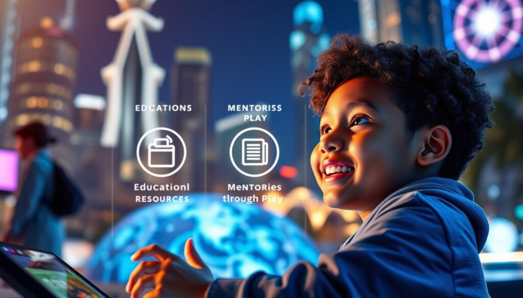A serene, well-lit scene depicting the benefits of an NFT scholarship program. In the foreground, a young student enthusiastically interacting with a virtual world, their face lit with wonder. The middle ground showcases various icons representing the key features of the program - educational resources, mentorship opportunities, and a pathway to earn through play. In the background, a futuristic cityscape with gleaming skyscrapers and holograms, symbolizing the cutting-edge nature of this educational initiative. The overall atmosphere exudes a sense of optimism, empowerment, and the promise of a brighter, more tech-savvy future for the scholarship recipients. A serene, well-lit scene depicting the benefits of an NFT scholarship program. In the foreground, a young student enthusiastically interacting with a virtual world, their face lit with wonder. The middle ground showcases various icons representing the key features of the program - educational resources, mentorship opportunities, and a pathway to earn through play. In the background, a futuristic cityscape with gleaming skyscrapers and holograms, symbolizing the cutting-edge nature of this educational initiative. The overall atmosphere exudes a sense of optimism, empowerment, and the promise of a brighter, more tech-savvy future for the scholarship recipients.