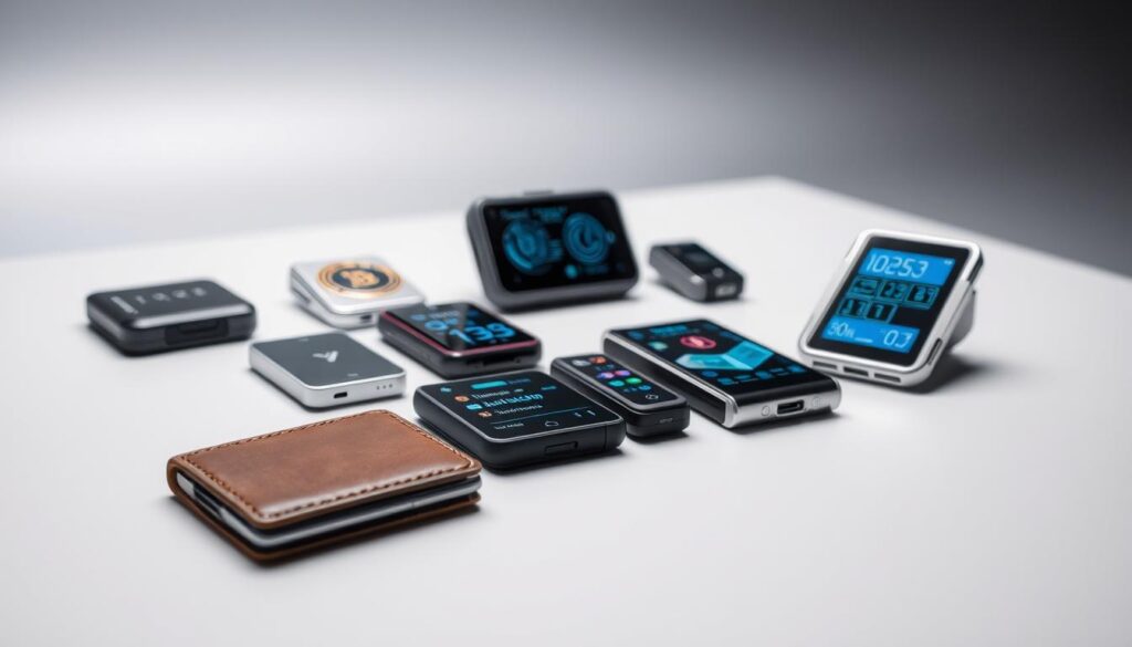 A serene, well-lit scene showcasing a range of hardware cryptocurrency wallets. In the foreground, two compact, non-electronic wallets made of durable metal and leather rest on a sleek, minimalist surface. In the middle ground, several state-of-the-art electronic wallets with detailed digital displays and intuitive interfaces are neatly arranged. The background features a softly blurred, neutral backdrop, allowing the wallets to take center stage. The overall composition conveys a sense of comparison, highlighting the distinct features and form factors of both non-electronic and electronic wallet options for secure cryptocurrency storage.