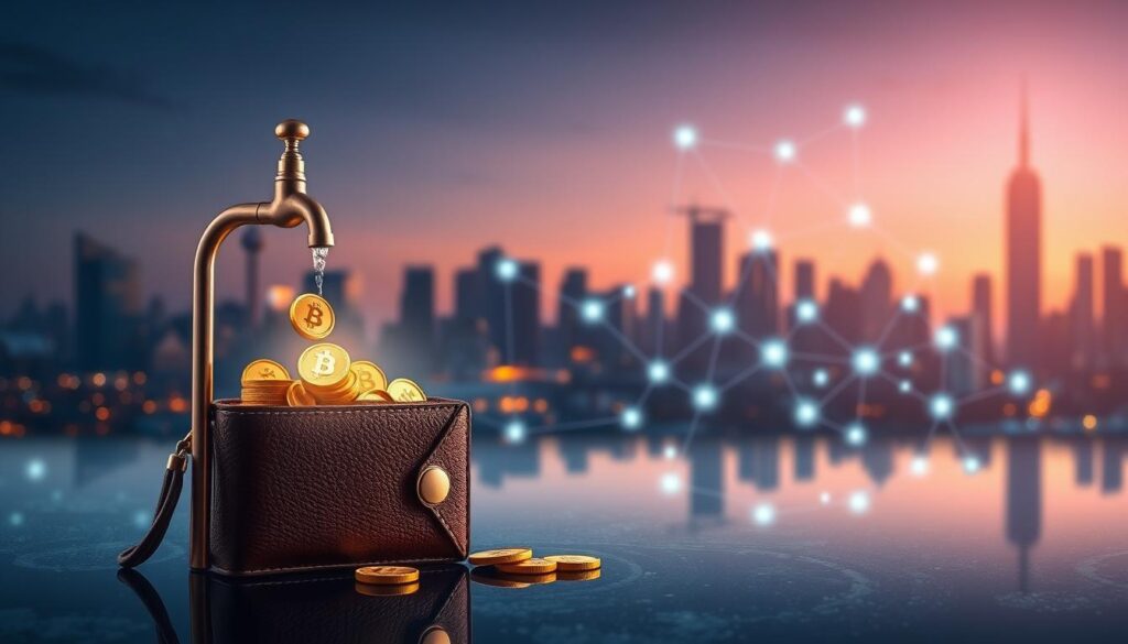 A serene, well-lit scene showcasing the benefits of crypto faucets. In the foreground, a digital wallet with a steady stream of coins flowing into it, symbolizing the passive income potential. In the middle ground, a network of interconnected devices, representing the ease of claiming rewards across multiple platforms. The background features a cityscape with skyscrapers, hinting at the global reach and accessibility of these faucet systems. The overall mood is one of financial empowerment, with a sense of simplicity and convenience in earning free cryptocurrency.