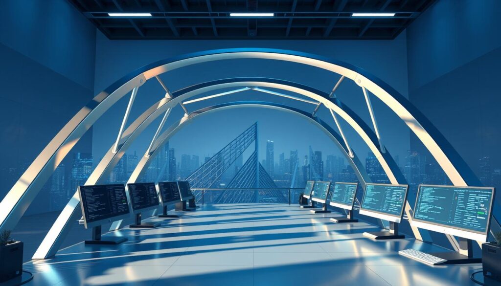 A serene, well-lit software development environment with a virtual representation of a blockchain bridge structure in the foreground. The bridge is composed of gleaming metallic arches and supports, casting dynamic shadows on the sleek, minimalist desk setup in the middle ground. Rows of high-resolution monitors display lines of code, highlighting the technical complexity of the NFT bridge development process. The background features a panoramic view of a futuristic cityscape, hinting at the cross-chain connectivity and global reach of the project. The overall atmosphere is one of focused, methodical progress towards a seamless, multi-chain NFT ecosystem.