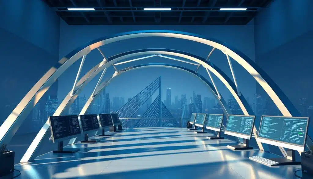 A serene, well-lit software development environment with a virtual representation of a blockchain bridge structure in the foreground. The bridge is composed of gleaming metallic arches and supports, casting dynamic shadows on the sleek, minimalist desk setup in the middle ground. Rows of high-resolution monitors display lines of code, highlighting the technical complexity of the NFT bridge development process. The background features a panoramic view of a futuristic cityscape, hinting at the cross-chain connectivity and global reach of the project. The overall atmosphere is one of focused, methodical progress towards a seamless, multi-chain NFT ecosystem.