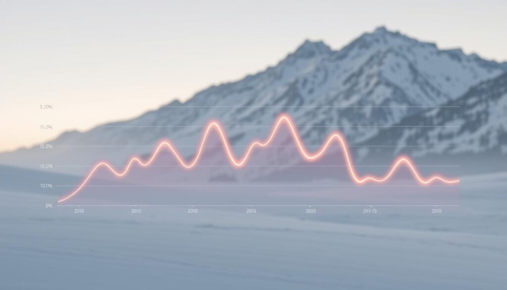 A serene, winter landscape with a snowy mountain range in the background. In the foreground, a stylized line graph depicting the seasonal price fluctuations of various cryptocurrencies, with the peaks and valleys accentuated by soft, glowing lines. The graph is rendered in a minimalist, data-visualization style, with subtle gridlines and muted color gradients that evoke the ebb and flow of the crypto market. The overall composition has a muted, ethereal quality, capturing the sense of analysis and insight into the cyclical patterns of the digital currency ecosystem.