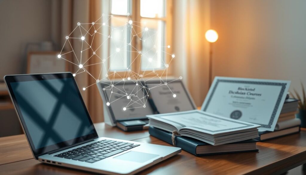A serene workspace with a laptop, books, and various blockchain-related certificates and diplomas neatly arranged on a wooden desk. The environment is well-lit, with soft, warm lighting coming from a window in the background, casting a gentle glow on the scene. The overall mood is one of focus, dedication, and a sense of accomplishment in the field of blockchain development. In the foreground, a blockchain network diagram or visualization hovers above the desk, emphasizing the technical aspect of the courses. The composition is balanced and visually appealing, inviting the viewer to explore the educational journey of a blockchain enthusiast. A serene workspace with a laptop, books, and various blockchain-related certificates and diplomas neatly arranged on a wooden desk. The environment is well-lit, with soft, warm lighting coming from a window in the background, casting a gentle glow on the scene. The overall mood is one of focus, dedication, and a sense of accomplishment in the field of blockchain development. In the foreground, a blockchain network diagram or visualization hovers above the desk, emphasizing the technical aspect of the courses. The composition is balanced and visually appealing, inviting the viewer to explore the educational journey of a blockchain enthusiast.